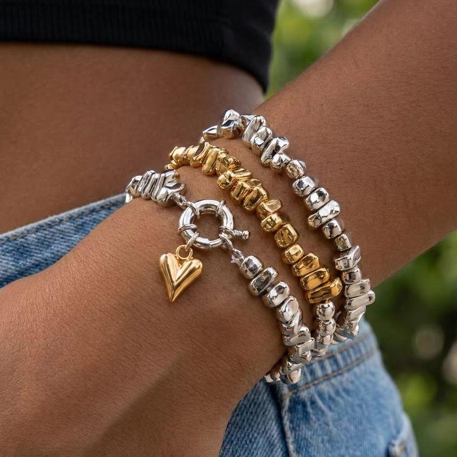 Retro Irregular CCB Bead Elastic String Bracelet Set for Women Simple Heart Shaped Multilayer Bracelet Charms Birthday Jewelry