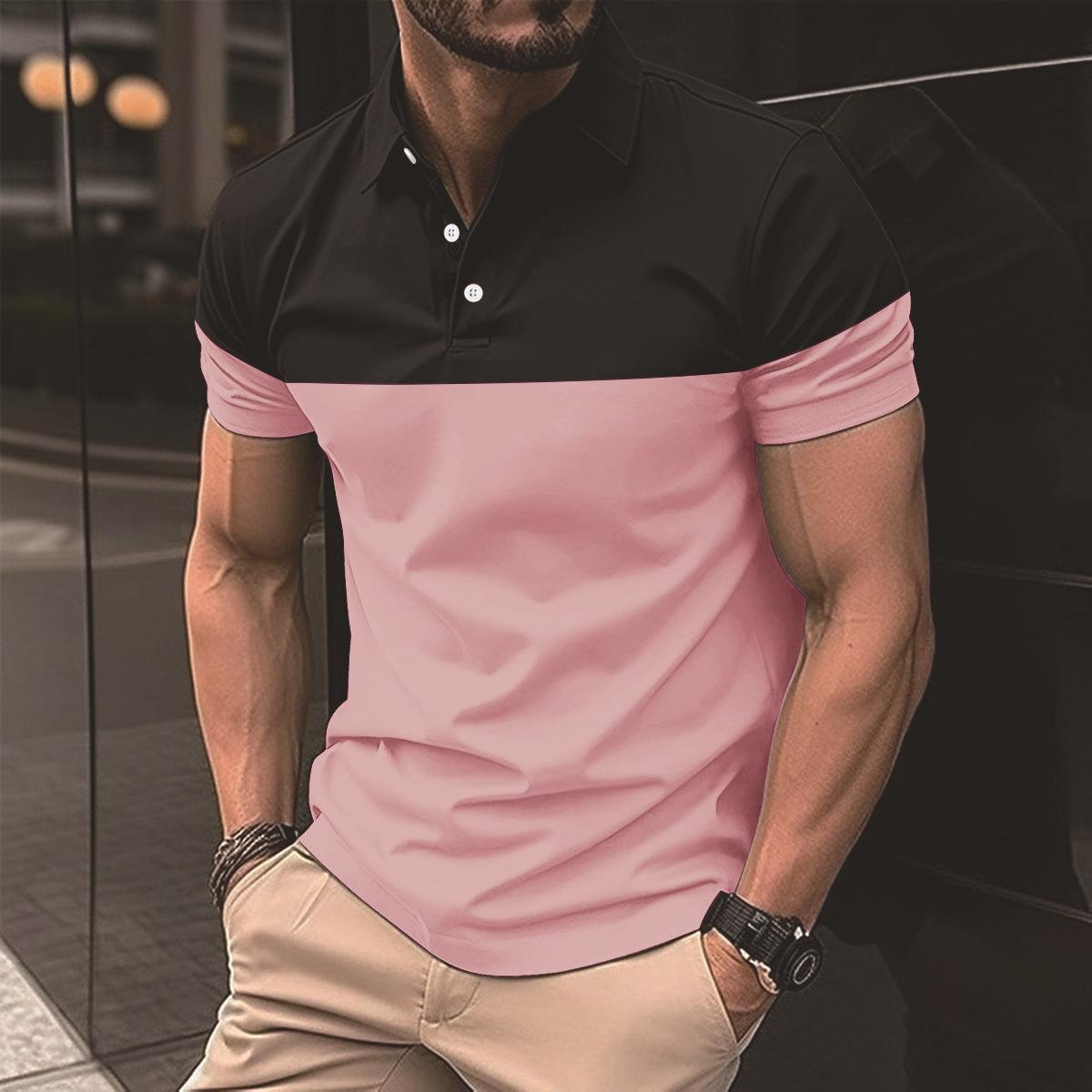Fashion human Nieuwe casual POLO-shirtzakken voor heren, knopen met V-hals, zakelijke matchy-matchy T-shirttopjes met kleurblokken XXXL roze