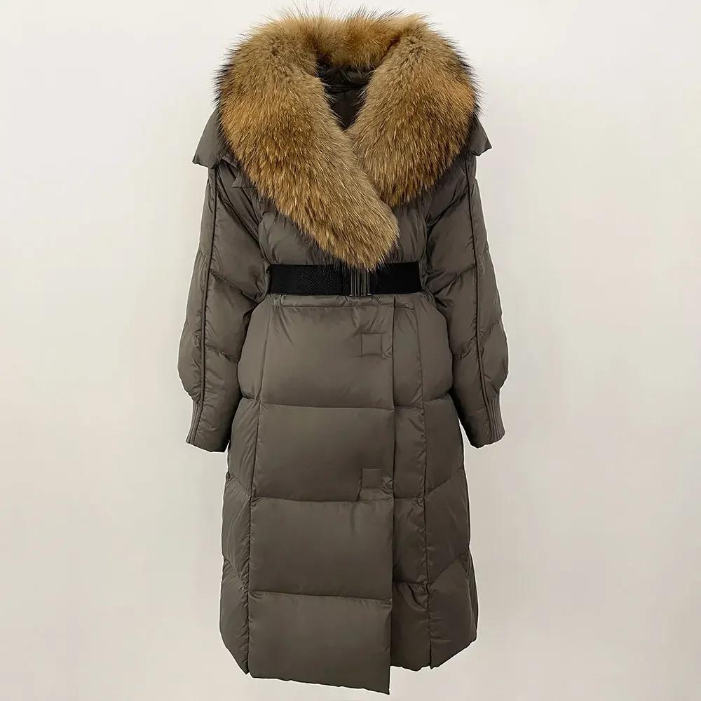 OFTBUY Winter Jacket Women Long Natural Real Raccoon Fox Fur Collar White Duck Down Coat Belt Thick Warm Casual Outerwear