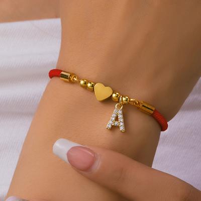 Stainless Steel A-Z Initial Letter Bracelet For Women Men Light Luxury Heart Pendant Red Luck Rope Bracelet Couple Jewelry Gift