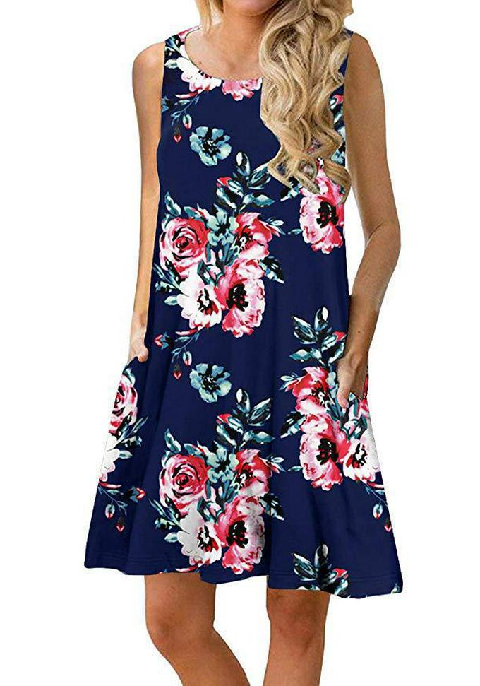 2020 Sleeveless European-American Floral Pocket Beach Dress