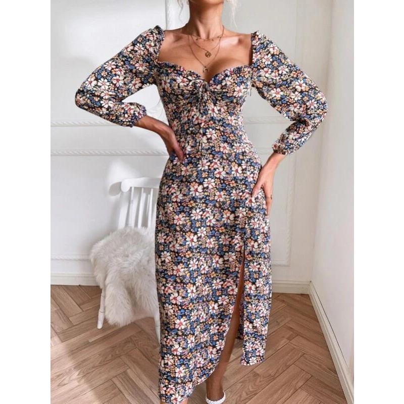 

Осенние женские платья с длинным рукавом и разрезом, сексуальные, с принтом XL синий