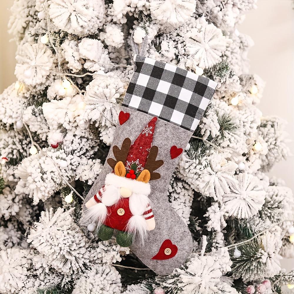 1pc Festive Christmas Stocking with Plaid Trim Cartoon Gnome Design, Perfect for Tree Fireplace Decorations