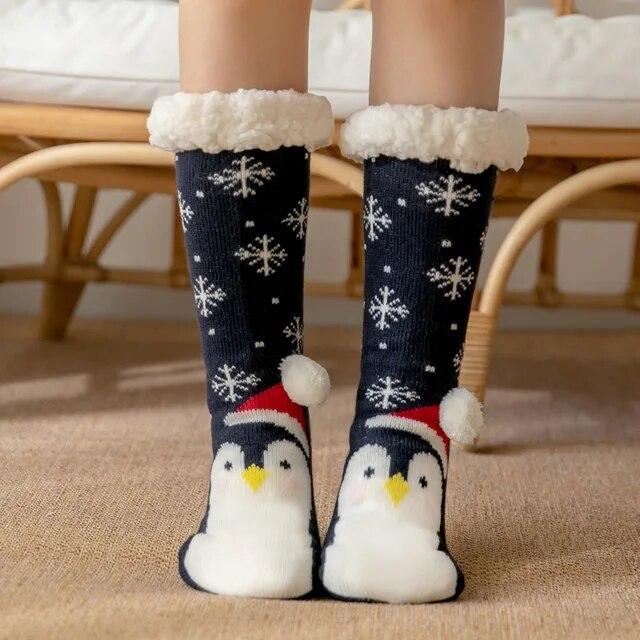 Winter Warm Socks Women Plush Soft Female Non Grip Floor Slippers Short Sock Fuzzy Fluffy Deer Elk Bear Christmas Gift
