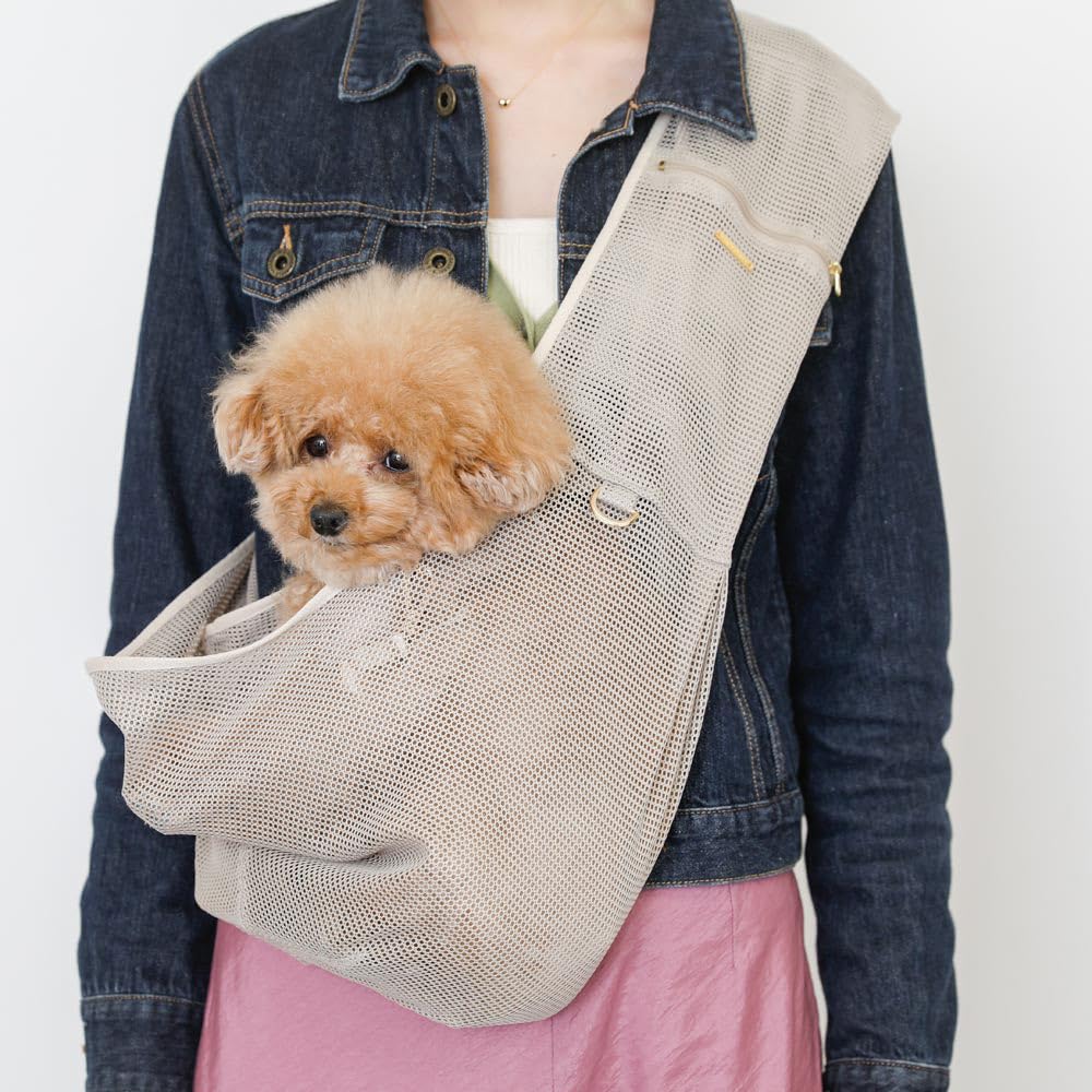 Mesh Dog Sling for Small Dogs Lightweight Mesh Dog Carrier with Perfect for Travel Monchéri (Small/Beige) - Anti-Jump Protection,