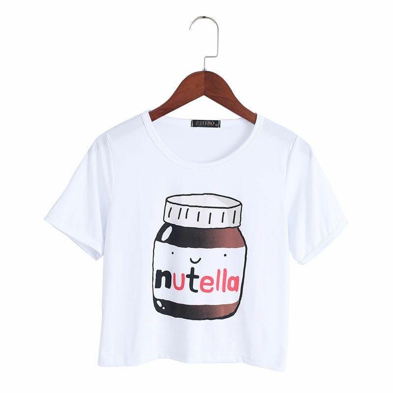 Woman Kawaii Harajuku Casual Fashion Nutella Print Tees Crop Tops Short Tshirt