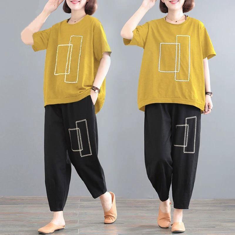 Female Summer Casual Sports Suit Round Neck Loose Short-sleeved Top + Pants Two-piece Set