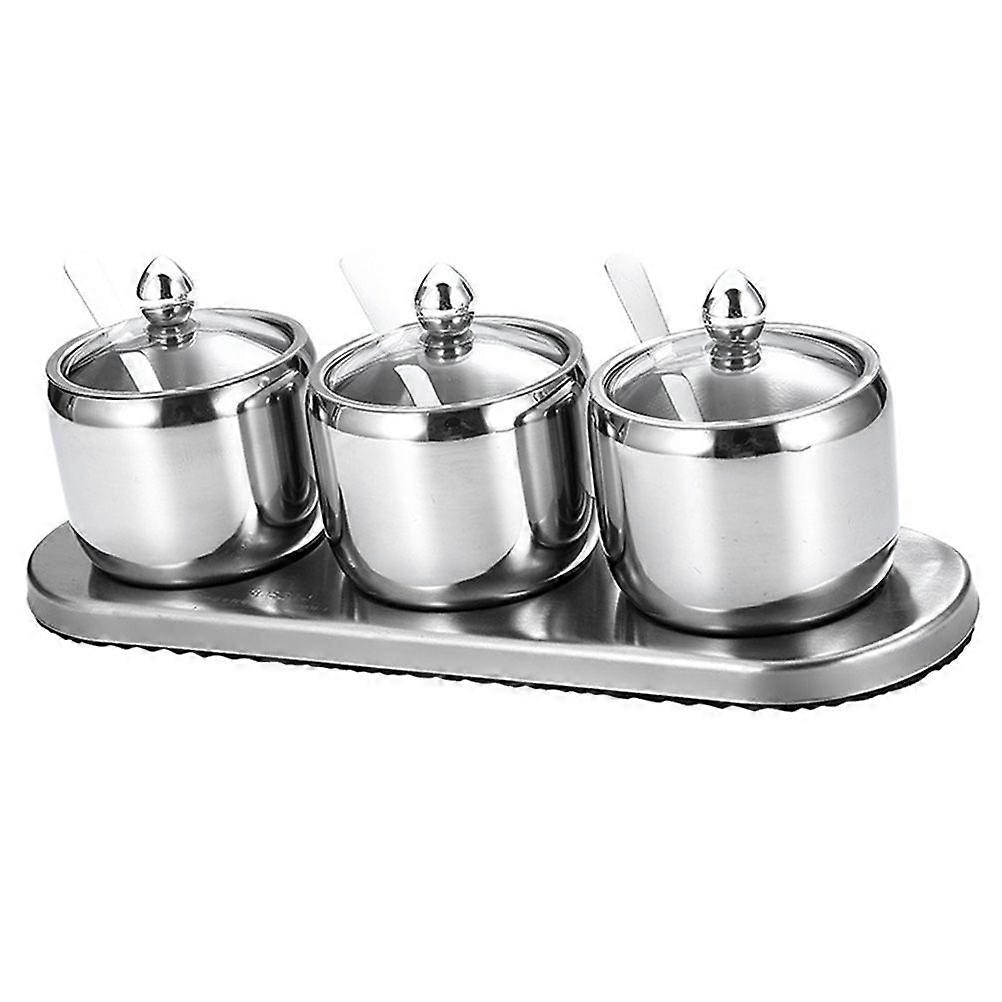 Stainless Steel Seasoning Jar Kitchen Salt Canister Multifunction Spice Storage Pot Container (3 Jars with Base)