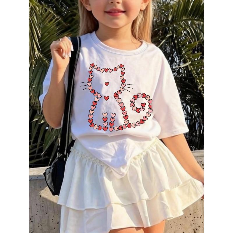 

European Size A Cute and Casual Round Neck Short Sleeved T Shirt for Girls Featuring A Heart Shaped Cat Pattern on It 164cm білий