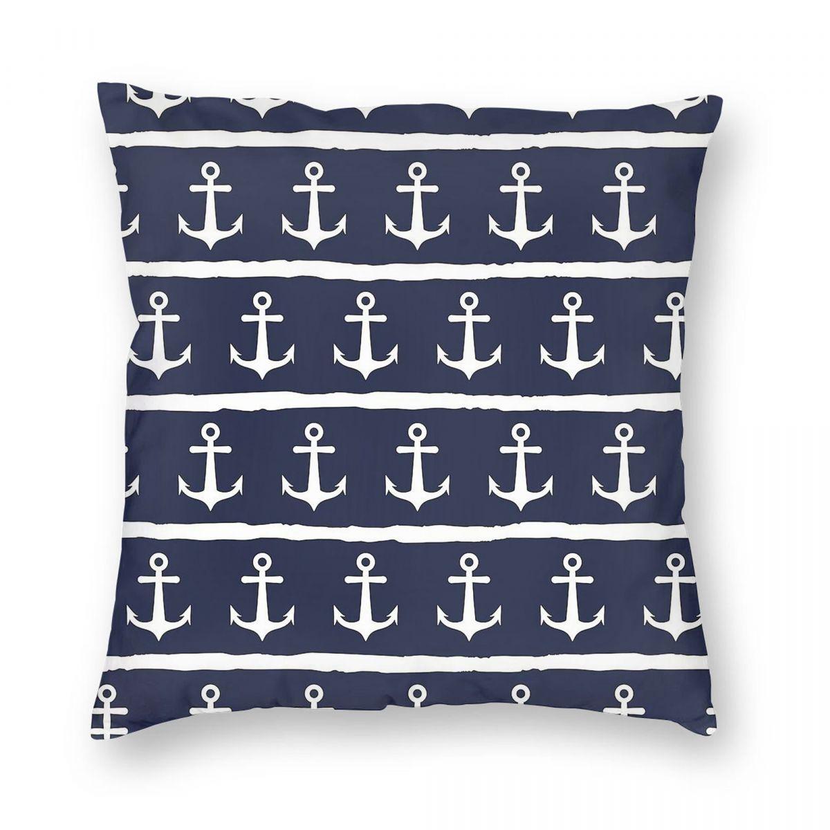 Nautical Navy White Stripes Anchor Pillowcase Polyester Linen Velvet Creative Zip Decor Room Cushion Case 30x30cm