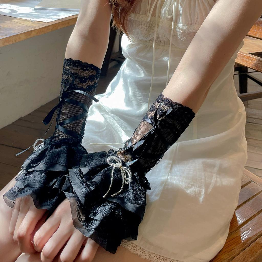 Lace Arm Warmers with Ruffles & Bows, Balletcore Lolita Long Fingerless Gloves for Women, Sweet Gothic Cosplay Costume Accessories