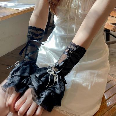 Spitzen Armstulpen mit Rüschen & Schleifen, Balletcore Lolita Lange Fingerlose Handschuhe für Damen, Süße Gothic Cosplay Kostüm Accessoires