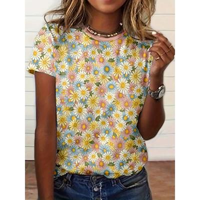 Women's Summer Flower Printed Short Sleeve T-shirt | 3D Daisy Design, Round Neck Casual Top,