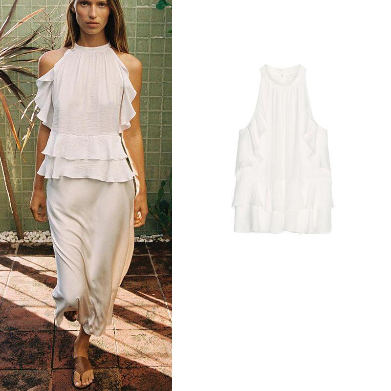 Summer New Product Women's Clothes French Sweet Style Easiest for Match Laminated Decoration Hanging Collar Casual Tops 2298080