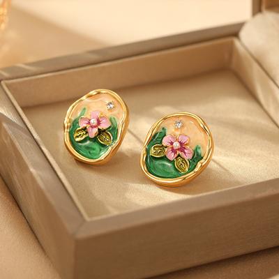 Monet Garden Silver Needle Dripping Oil Flower Earrings French Light Luxury Retro Earrings Niche Premium Earrings Women