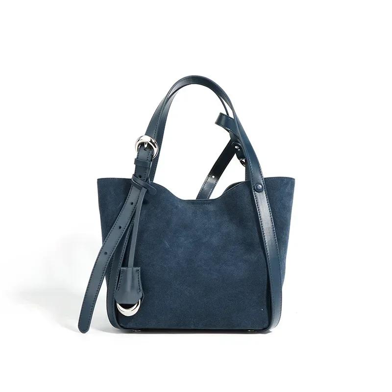 

Genuine Leather Suede Tote Bag Cowhide New Handbag Large Capacity Shopper Basket Bucket Bag Retro Matte Crossbody Shoulder Bags