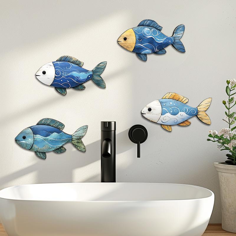 Wooden Blue Fish Wall Ornament Rustic Hand Carved Fish Signs Pendant Funny Wall Art Ocean Animal Decoration