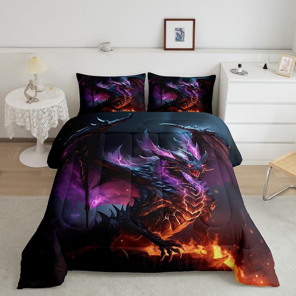 Black Dragon Queen Magic Animal Bedding Set, Magical World Neon Purple Lightning Fire Flames Bed Set Kids 3D Duvet Cover Set