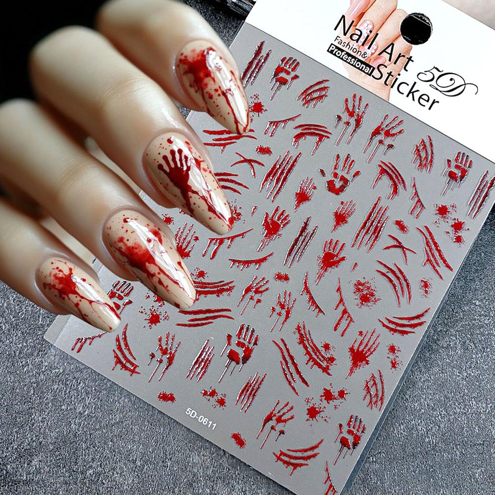 1pcs Bloody Hand Halloween Nail Sticker 5D Embossed Scary Blood Red Blood Nail Decals Halloween Party Self Adhesive Nails Decora