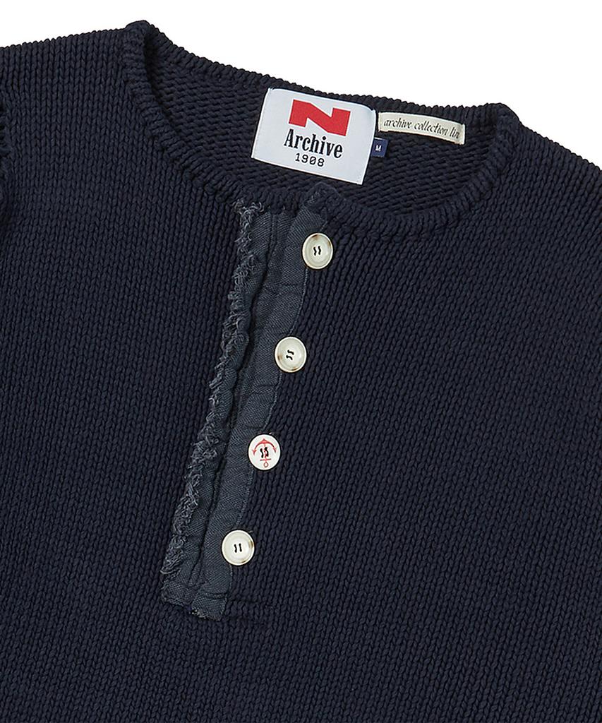 BEYOND CLOSET [Collection Line] Archive Heavyweight Cotton Damaged Detail Henley Neck Knit Navy
