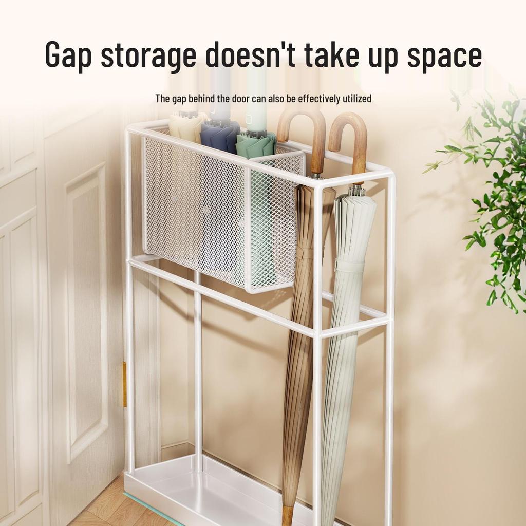 Stojak na parasole z kutego żelaza: Smukły stojak do przechowywania w drzwiach z półką ociekową