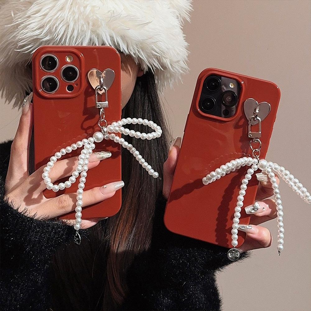 Pearl Bow Pendant Iphone16 IPhone Case 15promax Princess Style 11 New Year Red 16 Silicone