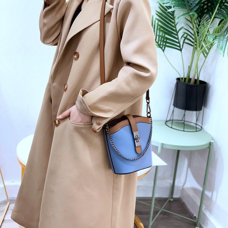 Leather Women'S Bags Trend Contrasting Color Small Bags Chain Versatile Fashion Crossbody Shoulder Bucket Bag 8819