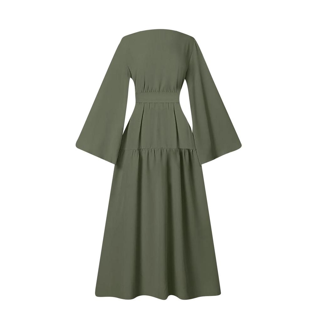 Muslimische Damen Urlaub Casual Ausgestellte Ärmel Mit Gürtel Saum Lange Kleider