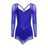 Womens Latin Dance Rhinestone Bodysuit Mesh Long Sleeve Strappy Back Tiered Tassel Hem Leotard