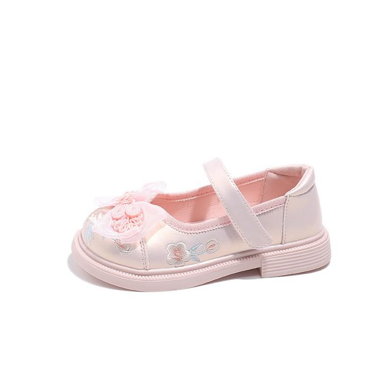 Girls Traditional Chinese Style Embroidered Flat Shoes With Bowknot Hanfu Costume Princess Dress-Up Footwear