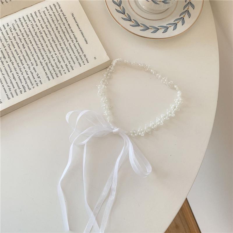 Handmade White Pearl Ribbon Headband and Choker Chain 2 in 1 Versatile Ethereal Fairy Hair Accessory Hair Tools