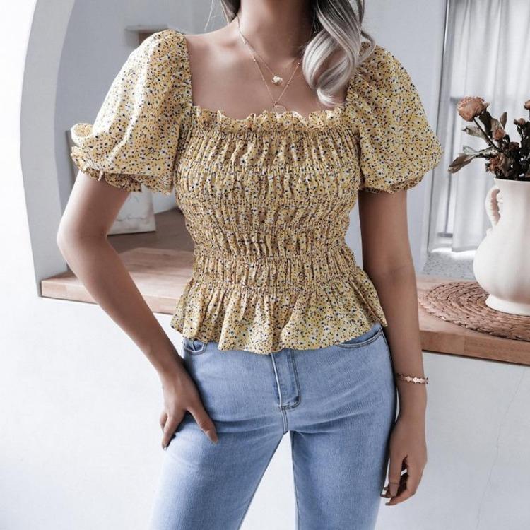 Chic bluse med blomsterprint for kvinner Vår Sommer Firkantet krage Korte lanternermer Kappehem Slank midje Chiffontopp Enkel S-XL