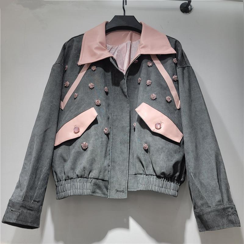 Trendige Retro-Kontrastfarben-Patchwork-Graue Cordjacke Damen, Neuer Trendiger Mode-Mantel