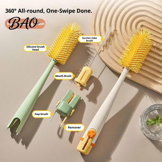 Container Cleaning Brush 5 in 1 Silicone Cup with Long Handle, Multifunctional Deep Kitchen Sink Accessory Brush, Non-slip Reusable Cleaner