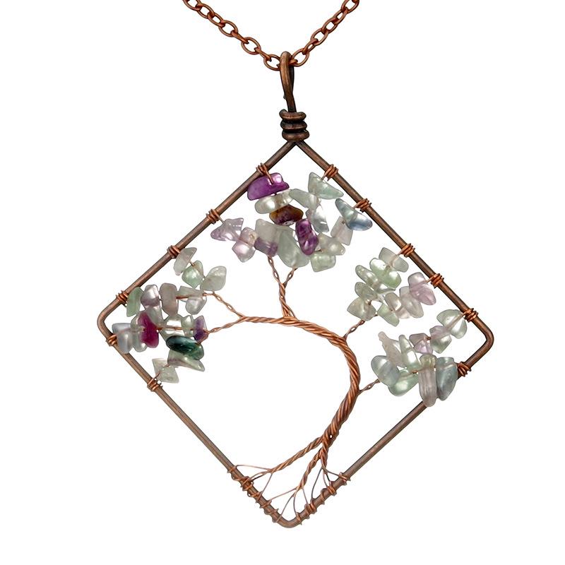 Handmade Vintage Tree of Life Necklace with Wire-Wrapped Natural Crushed Stone Crystal