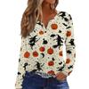 Women's Fashion Casual Halloween Printed V-Neck Button Trim Long Sleeve T-Shirt Top