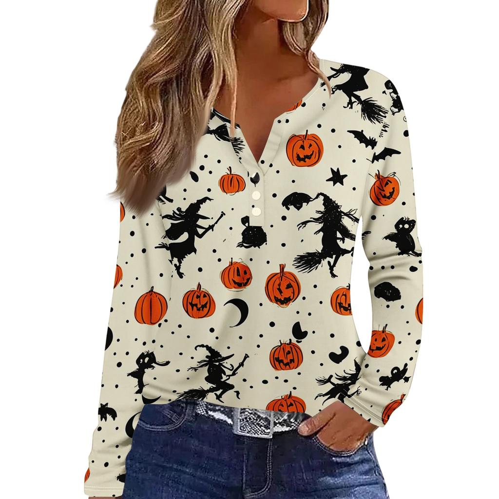 Women's Fashion Casual Halloween Printed V-Neck Button Trim Long Sleeve T-Shirt Top