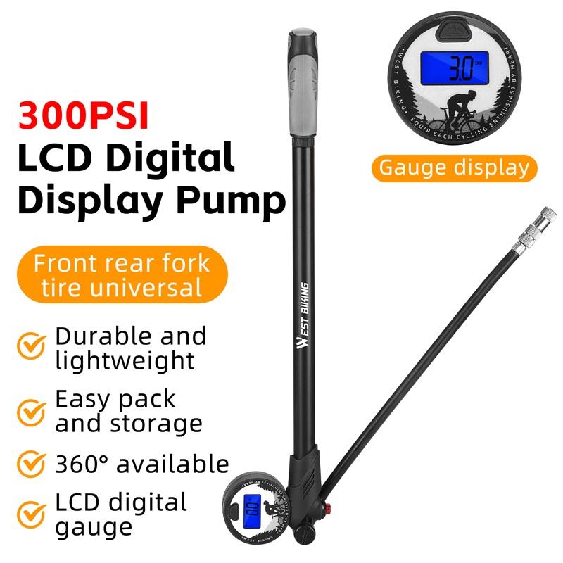 WEST BIKING 300PSI High Pressure Bicycle Pump With Gauge for Fork & Rear Suspension Portable Presta Schrader Valve Inflator