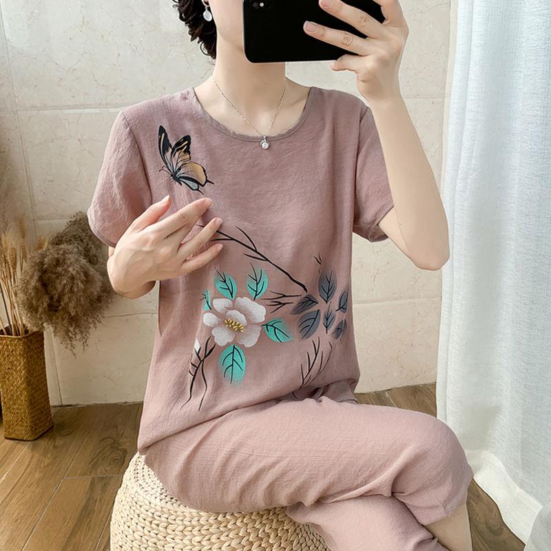 Sommer Kurzarm Set für Frauen mittleren und höheren Alters, Zweiteiliges Set, Dünner Stil