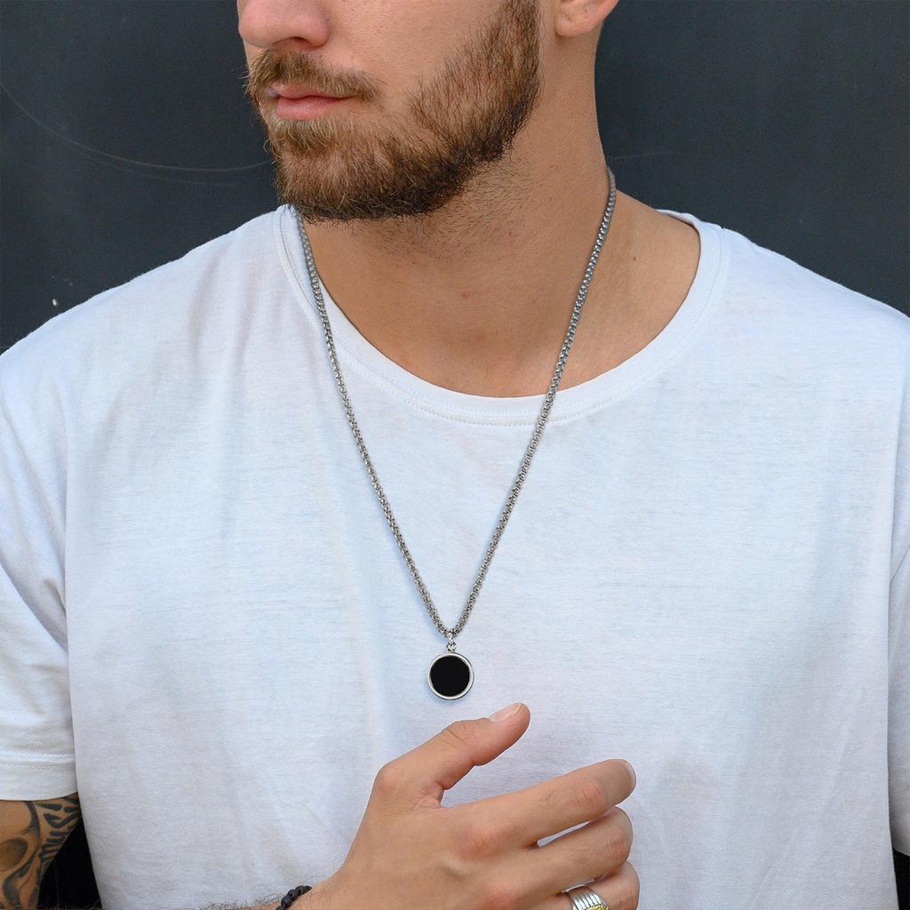 Vnox Stylish Mens Geometric Necklace with Black Enamel, Stainless Steel Metal Double Layered Chain Collar, Unique Gifts for Men