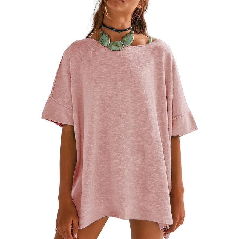 QICED Women's Fashion Casual Solid Color Print 1/2 Sleeves O-Neck Blouses & Shirts