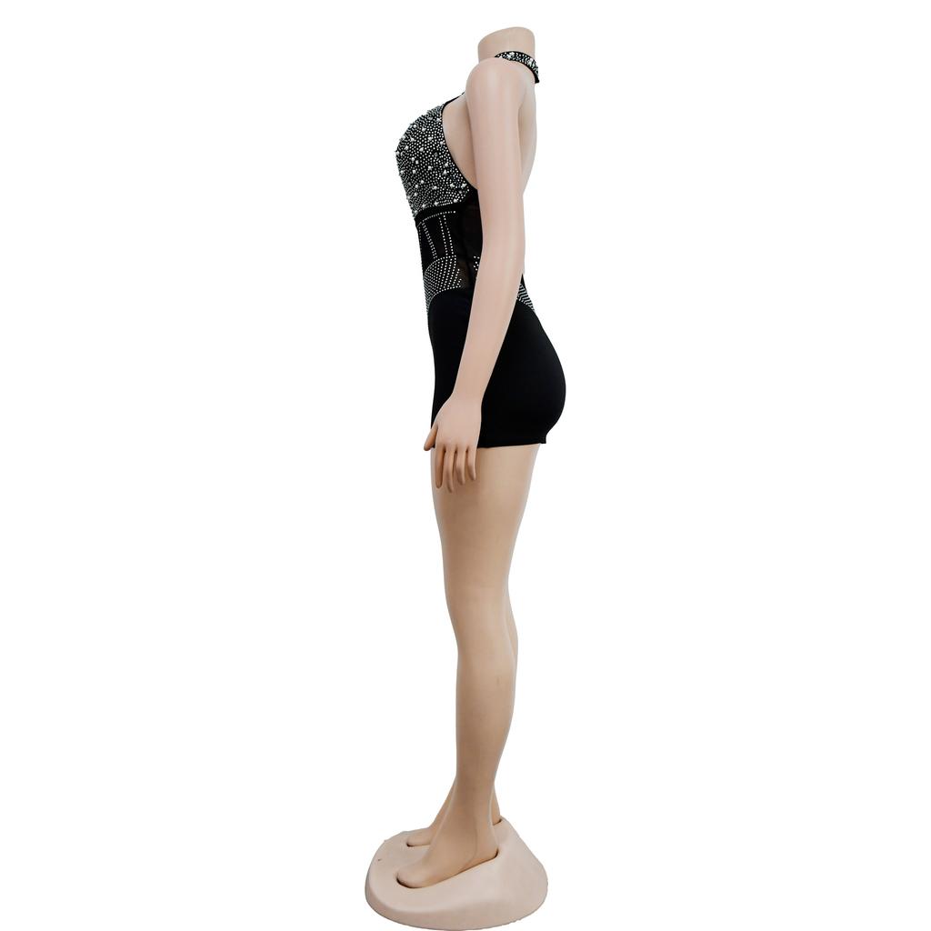 Fashion Women's Mesh Drilling Bubble Beads Sleeveless Shorts Jumpsuit