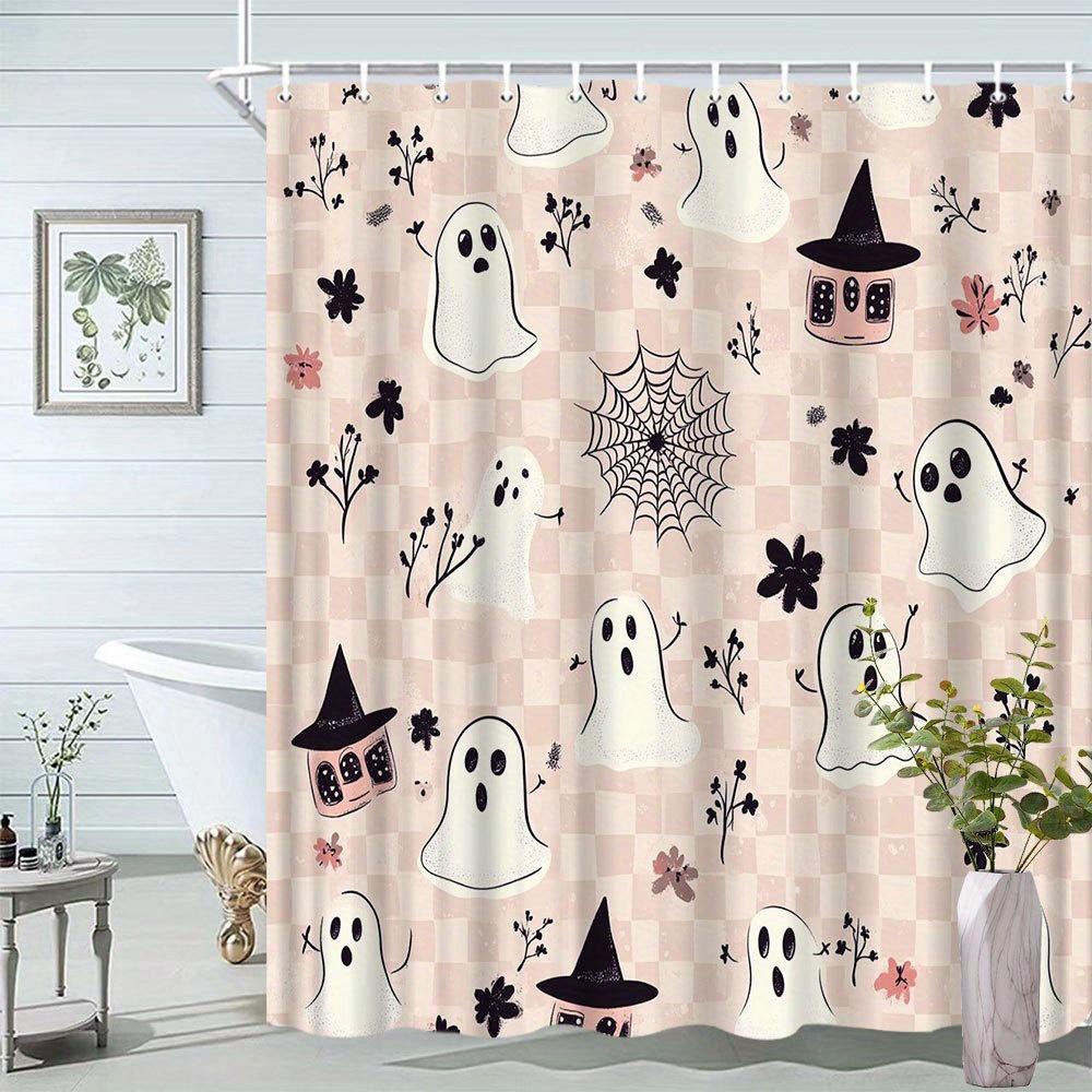 

Halloween Ghost Shower Curtain - Creative Funny Ghost & Witch Hat, Gorgeous Flowers & Spider Web, Polyester Bathroom Decor W60H190(CM)-1 Pcs