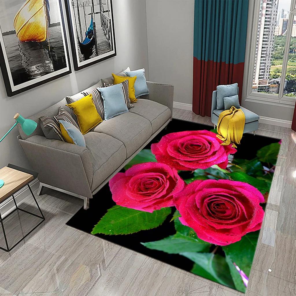Red Rose Romantic Flower Carpet Soft Floral Rugs for Bedroom Living Room Valentine Decorative Area Mats