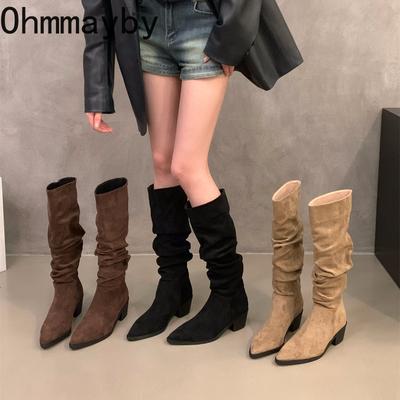 Herbst Winter Spitzzehen Dicker Absatz Damen Kniehohe Stiefel Schuhe Mode Stripper Party Damen Plissiert Schlank Ritter Lang Botas