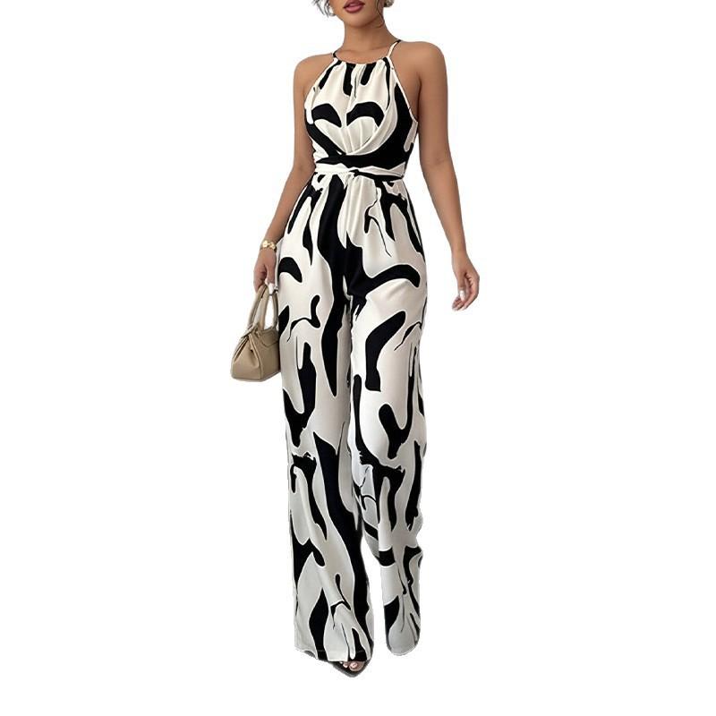 2026 Womens Elegant Sleeveless Printed Jumpsuit High-Waisted Wide-Leg Casual Office Wear