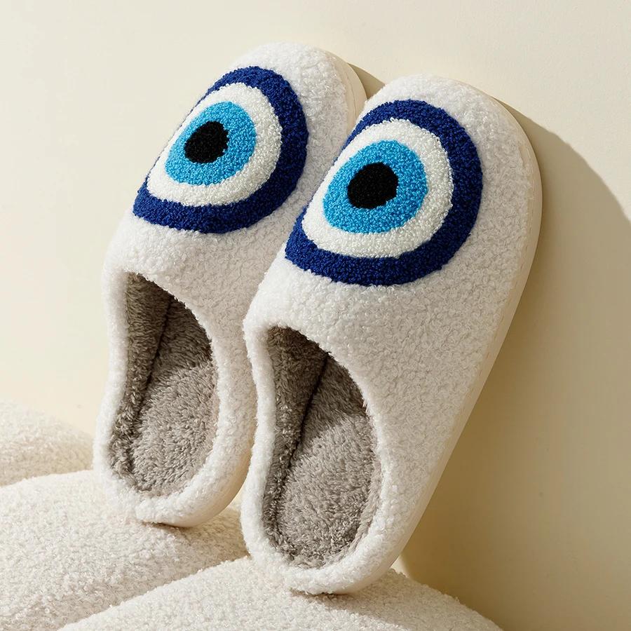 Fashion Evil Eyes Blue Embroidery Slippers High Quality Women Men Slippers Fashion Pattern Shoes Warm Home Devil's Eyes Houseshoes