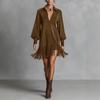 Hot sale in Europe and America, imitation suede V-neck lapel zipper fashionable hem fringed long-sleeved women