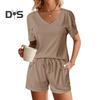 2Pcs/Set Women Summer Outfit V-neck Short Sleeve T-shirt Elastic Drawstring Waist Shorts Set Solid Color Loose Fit Casual Outfit
