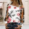 Plus Size Women Asymmetric Shoulder Long Sleeve Top Vibrant Tropical Leaf Print Mesh Lace Splicing Blouse